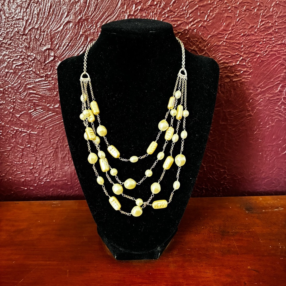 Elegant faux pearls and Silver tone Multi-Strand Necklace